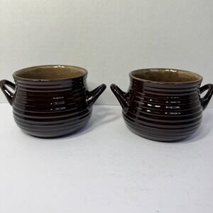 Crate and Barrel Brown Stoneware Soup Bowls Crocks Set of 2 Double Handles EUC